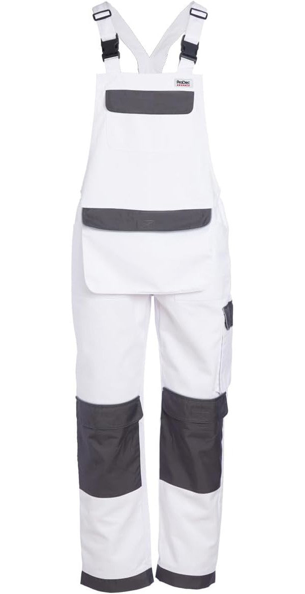 ProDec Advance Stain-Resistant, Hardwearing, Multi-Pocket Adult Decorator&#39;s Bib and Brace Overalls - White