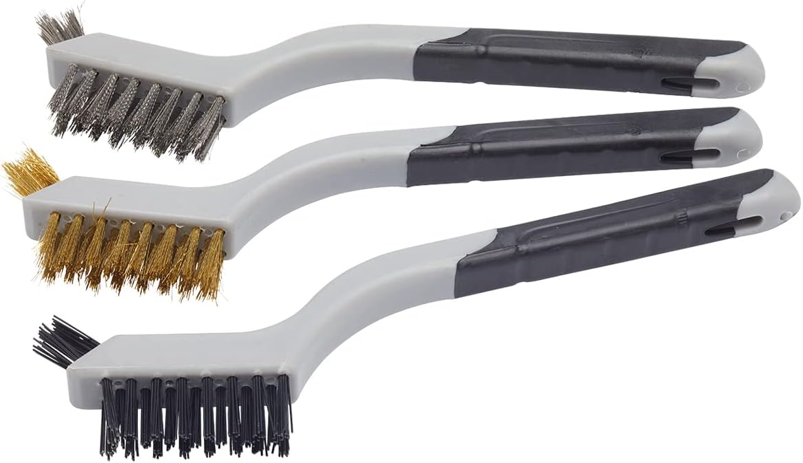 Fit For The Job 3 piece Multi-Purpose Soft Grip Mini Wire Brush Set - Nylon, Brass &amp; Steel Wire Brushes for Paint &amp; Grime Removal