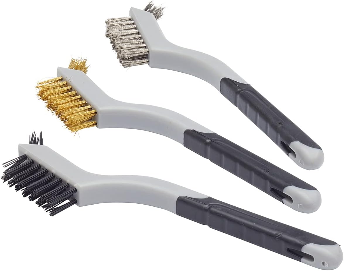 Fit For The Job 3 piece Multi-Purpose Soft Grip Mini Wire Brush Set - Nylon, Brass &amp; Steel Wire Brushes for Paint &amp; Grime Removal
