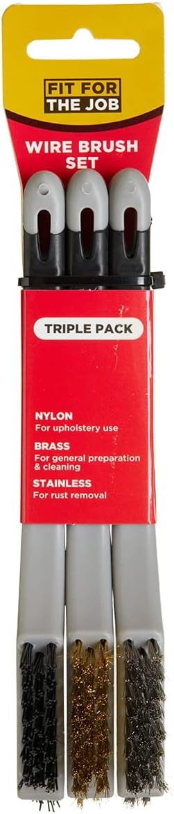 Fit For The Job 3 piece Multi-Purpose Soft Grip Mini Wire Brush Set - Nylon, Brass &amp; Steel Wire Brushes for Paint &amp; Grime Removal