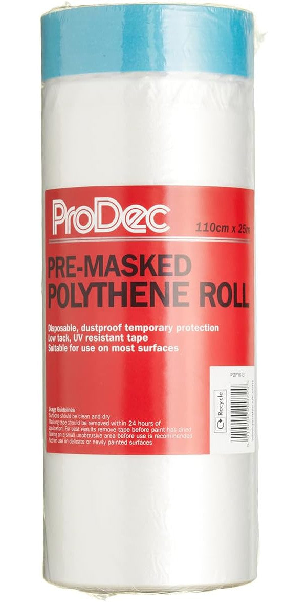 ProDec 110cm x 25m Pre-Masked Polythene Dust Sheet Roll, Dustproof and Waterproof Ideal for Covering