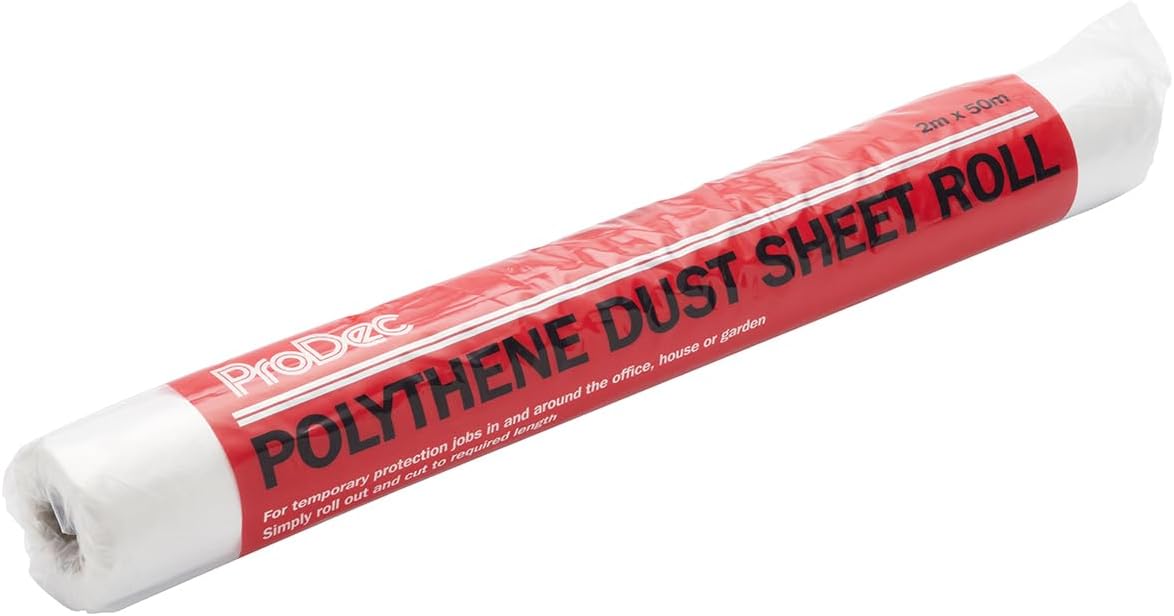 ProDec 100 sqm (2m x 50m) Polythene Dust Sheet Roll, Dustproof and Waterproof Ideal for Covering