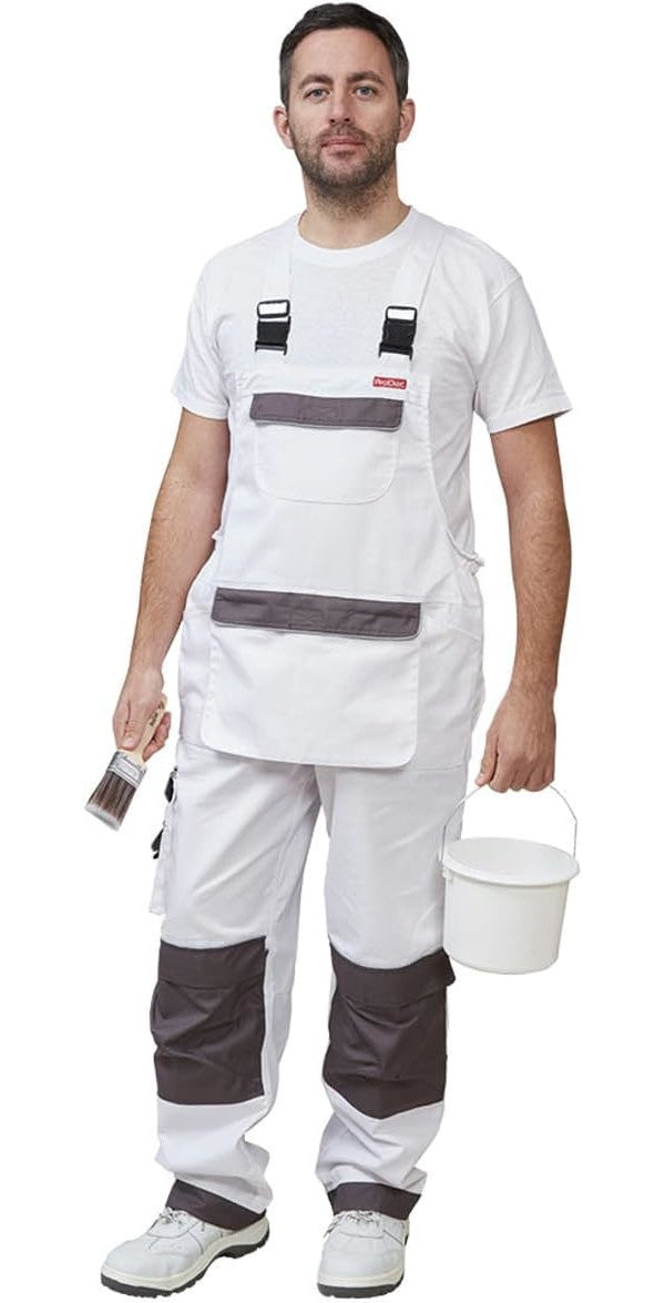 ProDec Advance Stain-Resistant, Hardwearing, Multi-Pocket Adult Decorator&#39;s Bib and Brace Overalls - White