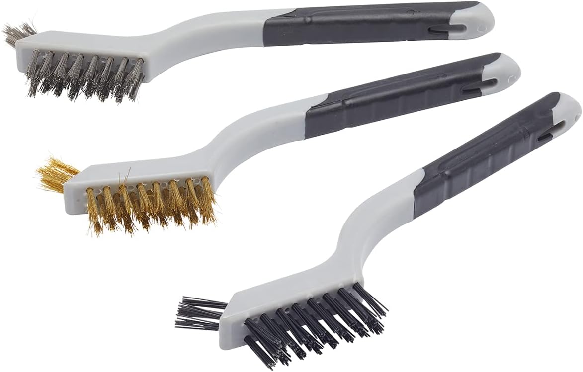 Fit For The Job 3 piece Multi-Purpose Soft Grip Mini Wire Brush Set - Nylon, Brass &amp; Steel Wire Brushes for Paint &amp; Grime Removal