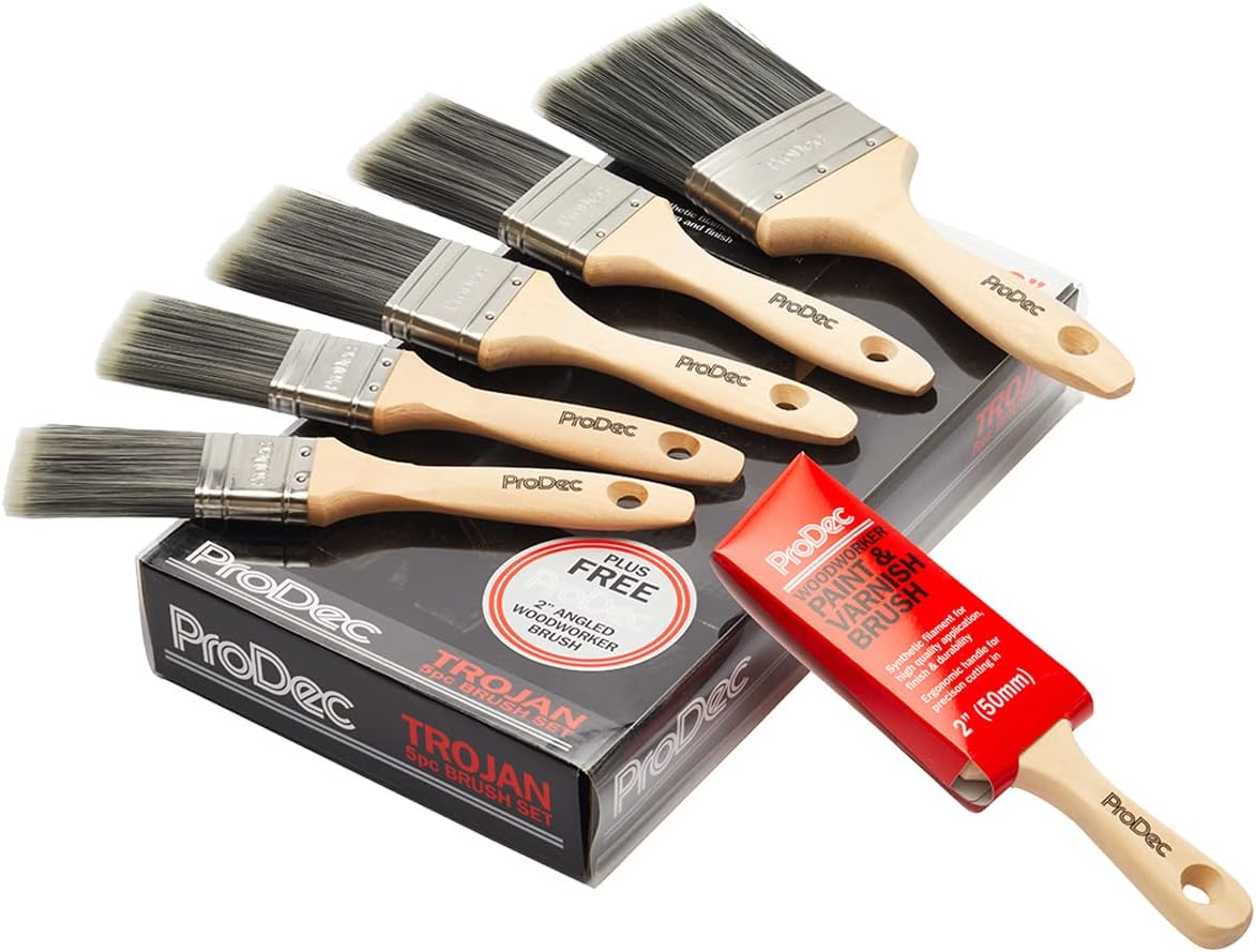 ProDec Trojan 6 piece Synthetic Paint Brush Set for a Smooth Finish Painting with Emulsion, Gloss and Satin Paints