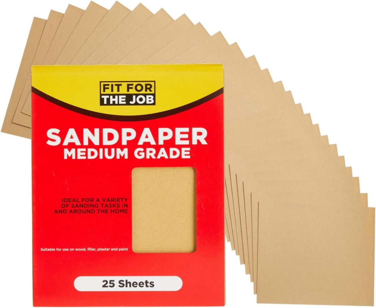 Fit For The Job 25 Large A4 Size Sheets Medium Grade Sandpaper for Sanding Wood