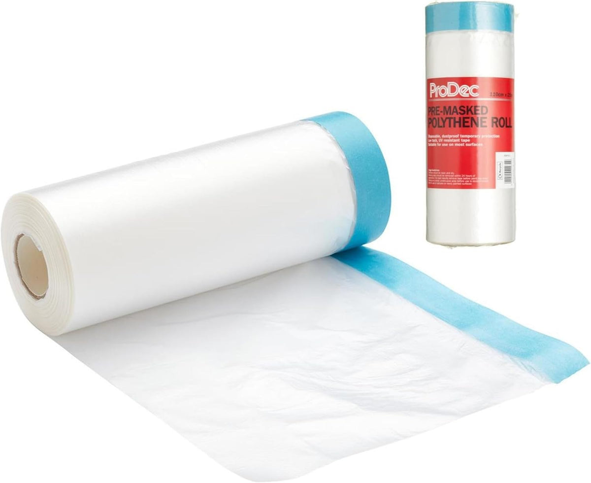 ProDec 110cm x 25m Pre-Masked Polythene Dust Sheet Roll, Dustproof and Waterproof Ideal for Covering