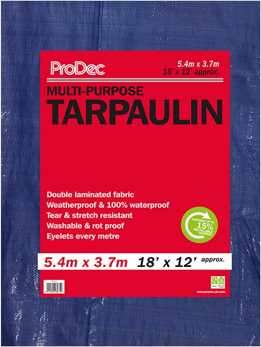 ProDec 18&#39; x 12&#39; Tarpaulin Waterproof Heavy Duty Waterproof Sheet, Double Laminated with Eyelets, Outdoor Furniture Cover