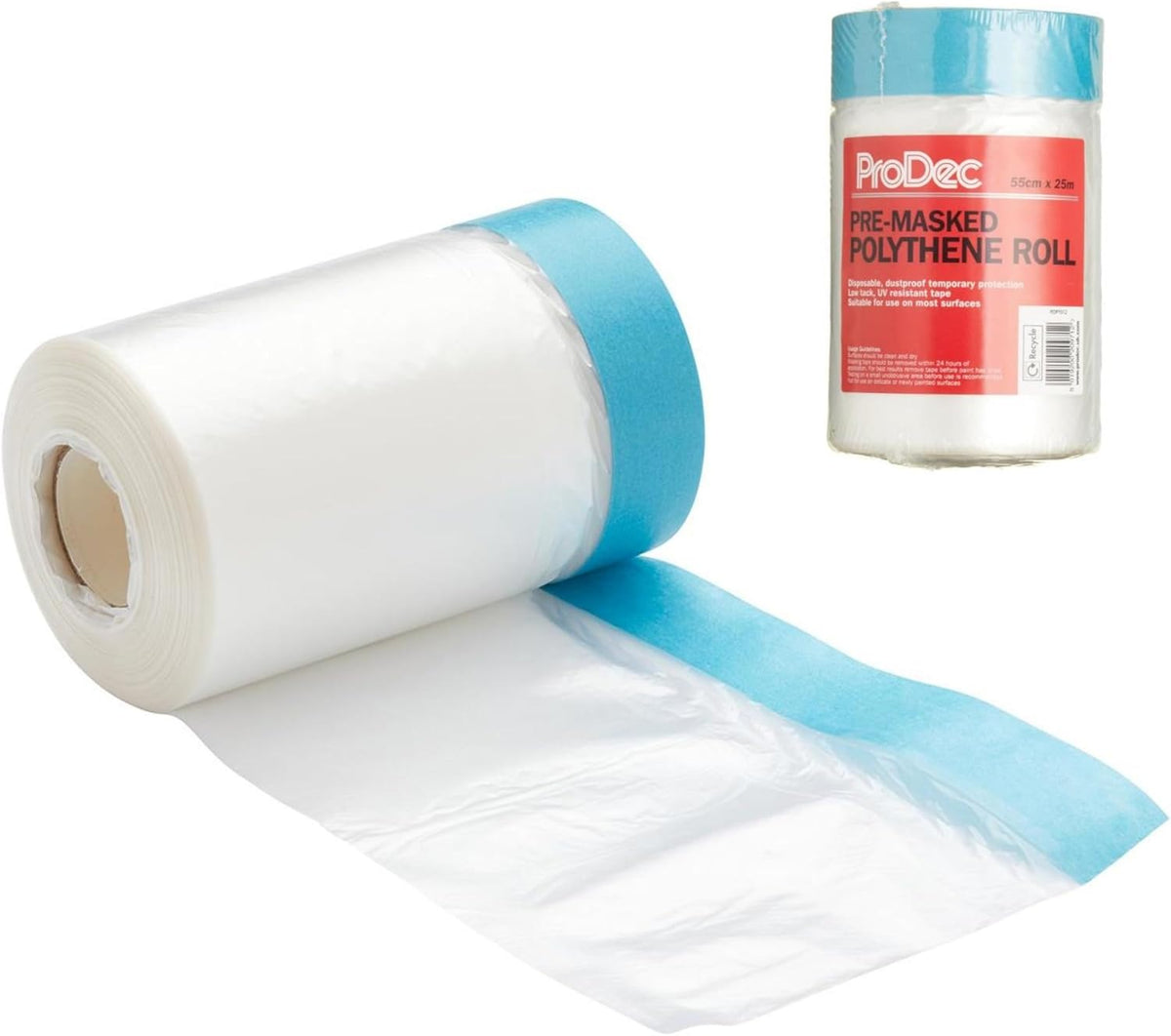 ProDec 55cm x 25m Pre-Masked Polythene Dust Sheet Roll, Dustproof and Waterproof Ideal for Covering