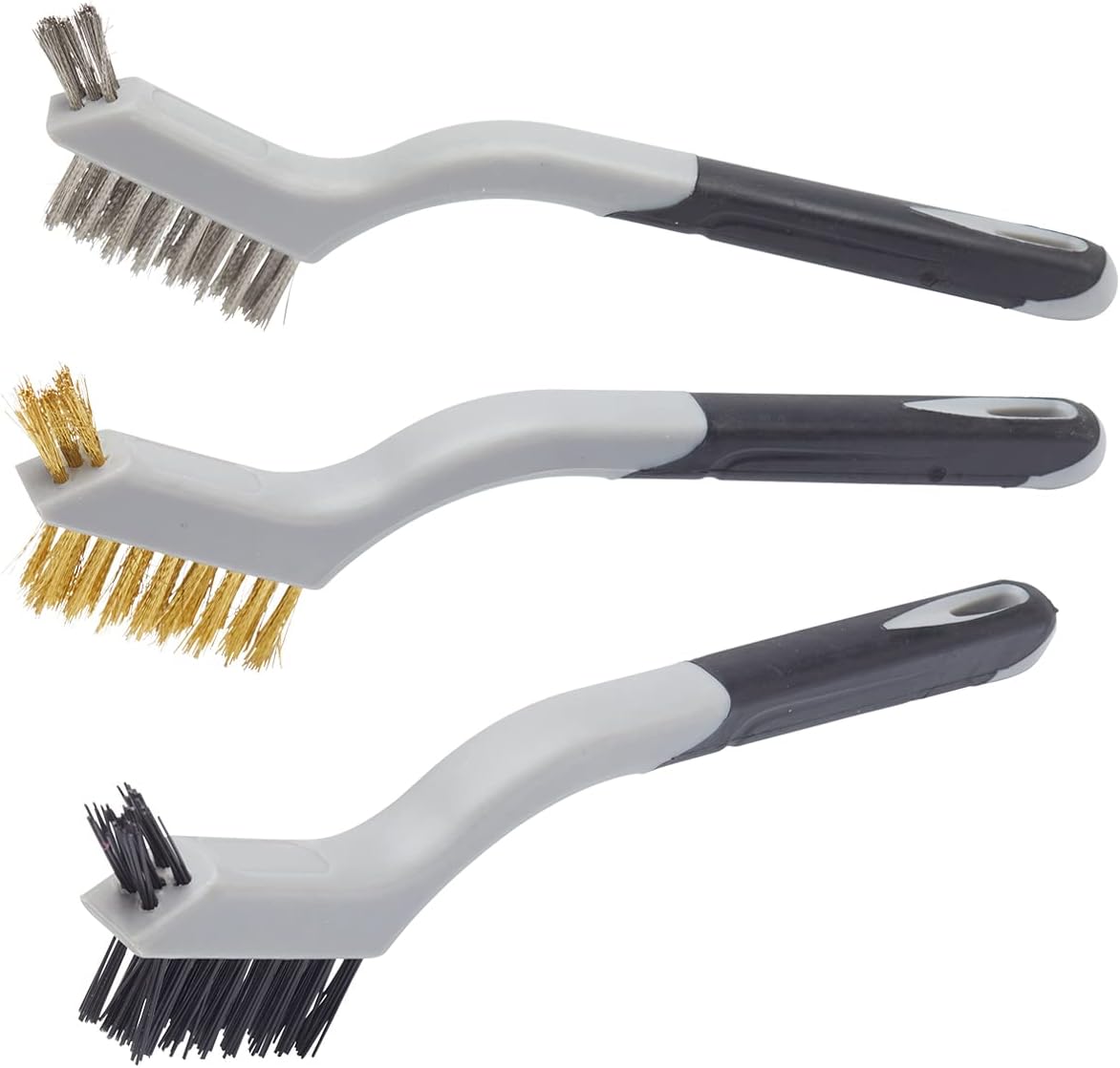 Fit For The Job 3 piece Multi-Purpose Soft Grip Mini Wire Brush Set - Nylon, Brass &amp; Steel Wire Brushes for Paint &amp; Grime Removal