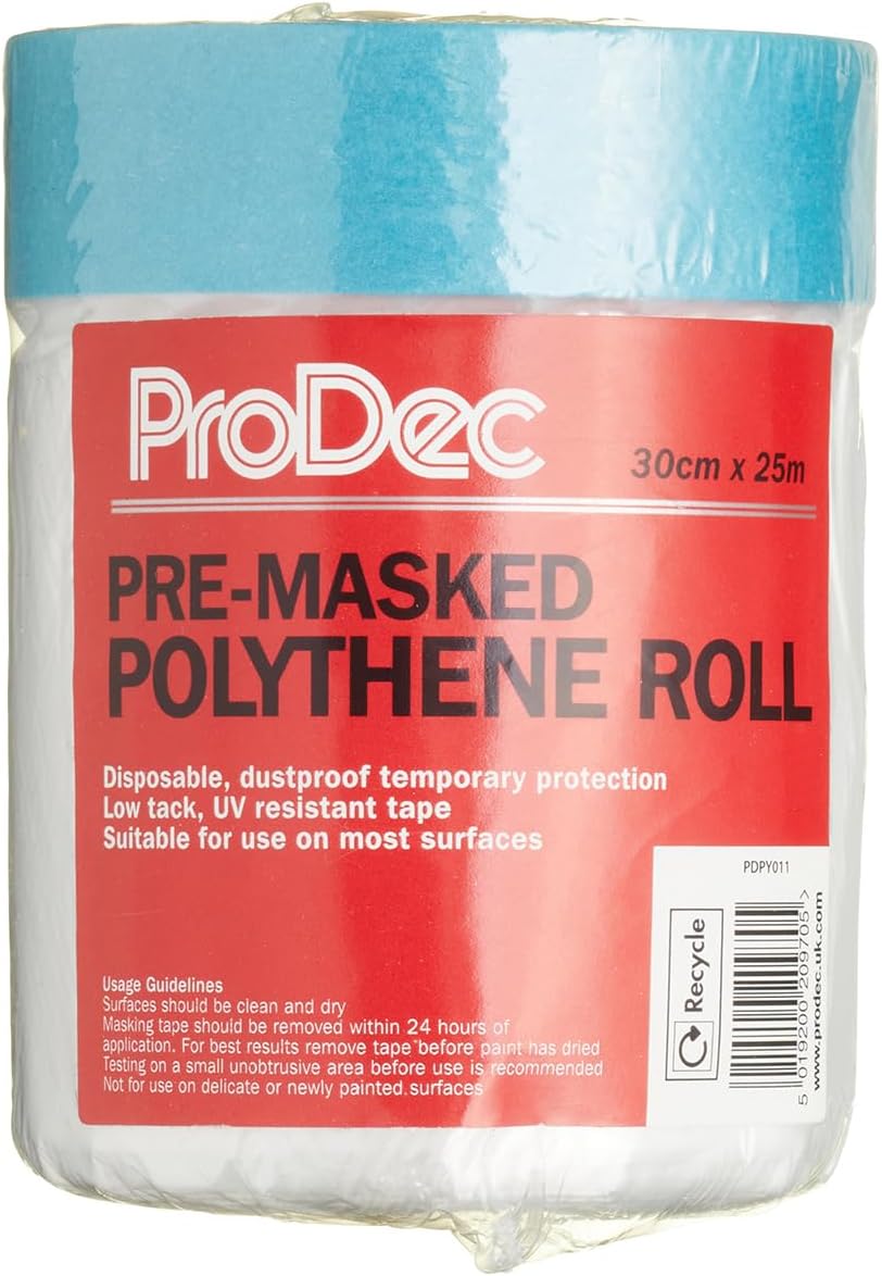 ProDec 30cm x 25m Pre-Masked Polythene Dust Sheet Roll, Dustproof and Waterproof Ideal for Covering
