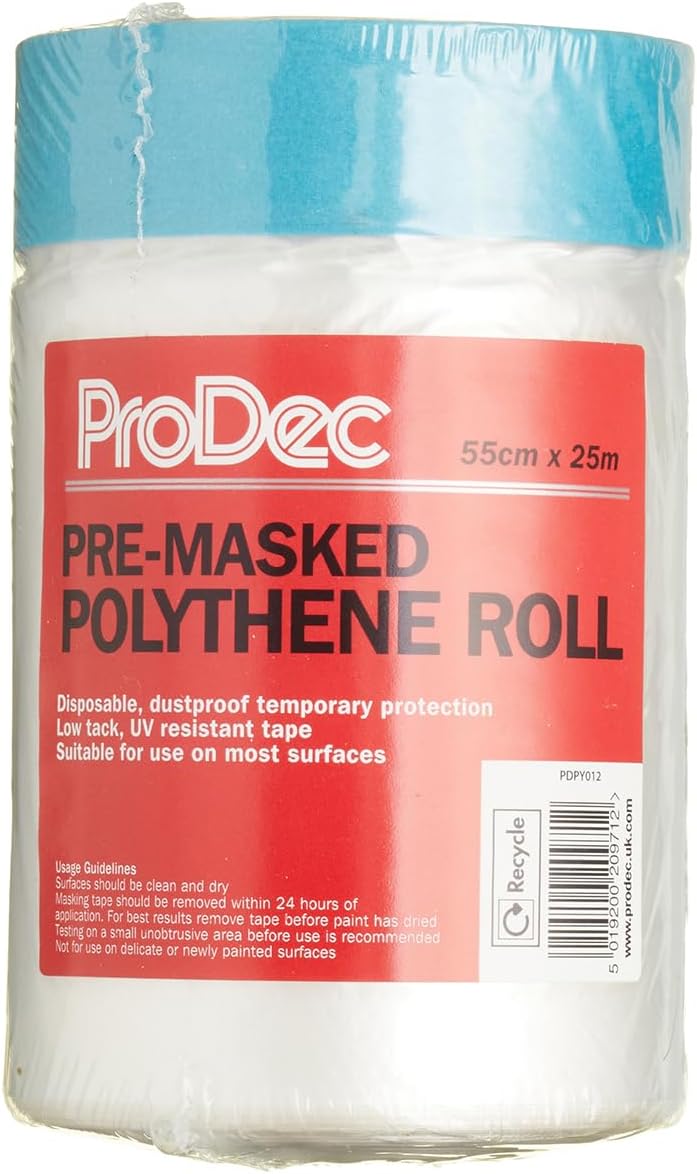 ProDec 55cm x 25m Pre-Masked Polythene Dust Sheet Roll, Dustproof and Waterproof Ideal for Covering