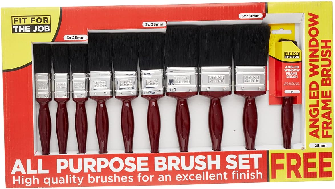 Fit For The Job 9 piece All Purpose Mixed Bristle Paint Brush Set + Free Window Brush