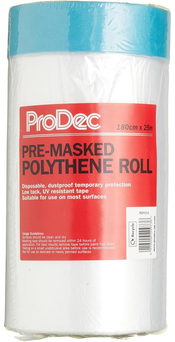 ProDec 180cm x 25m Pre-Masked Polythene Dust Sheet Roll, Dustproof and Waterproof Ideal for Covering