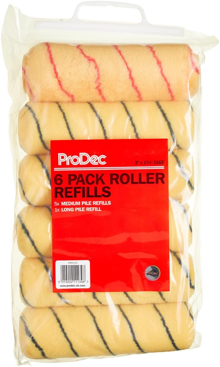 ProDec 9 inch x 1.75" Woven Trade Professional Paint Rollers 6 Pack for A Smooth Finish Painting with Emulsion