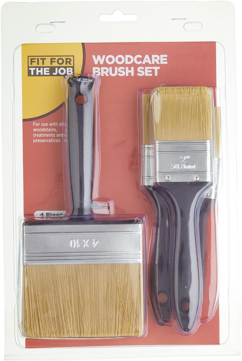Fit For The Job 4 piece Woodcare Brush for Applying Woodstains, Varnish, Preservatives on All Types of Wood