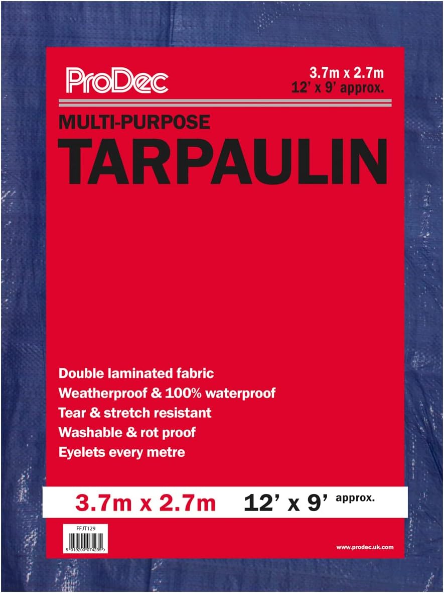 ProDec 12ft x 9ft / 3.7m x 2.7m Multi Purpose Tarpaulin - Waterproof, Weatherproof, Double Laminated
