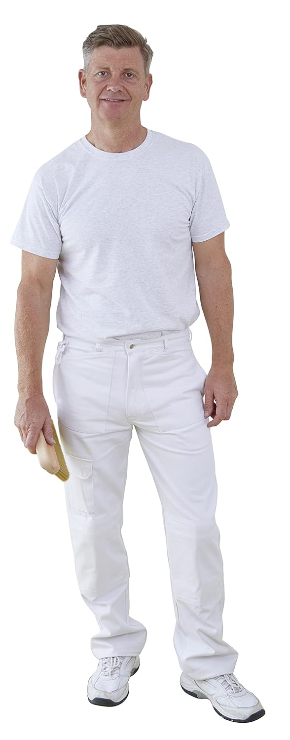 Fit For The Job 100% Cotton Drill Multi Pocket White Painter&#39;s Decorator&#39;s Trousers Cargo Pants with Knee Pad Pockets