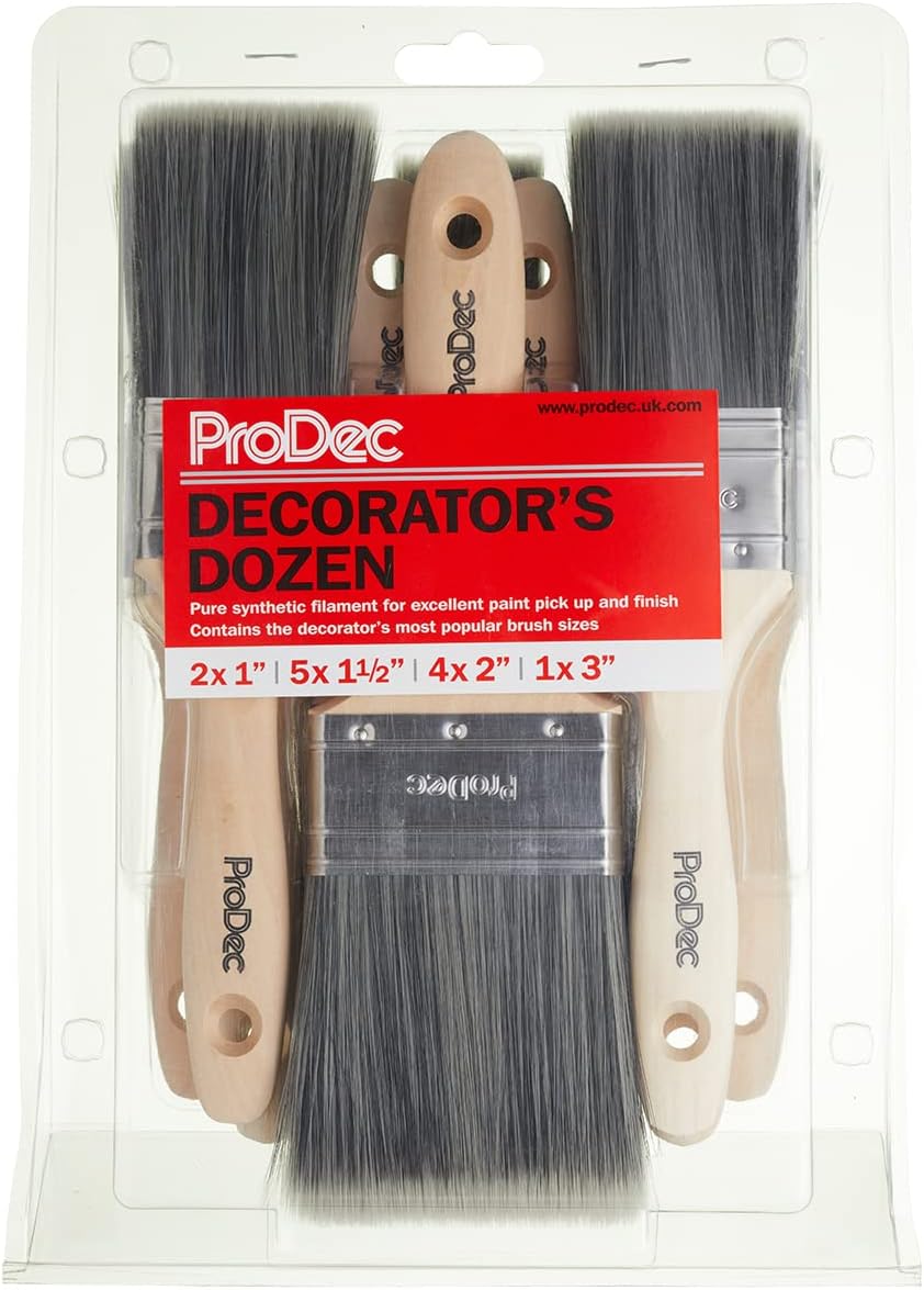ProDec Decorator's Dozen 12 Piece Synthetic Paint Brush Set for a Smooth Finish Painting with Emulsion, Gloss, Satin