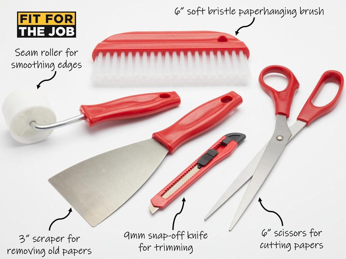 Fit For The Job Wallpaper Kit, 5 pc Paperhanging Kit with Wallpaper Stripper Remover, Scissors, Brush, Scalpel Craft Knife, Seam Roller