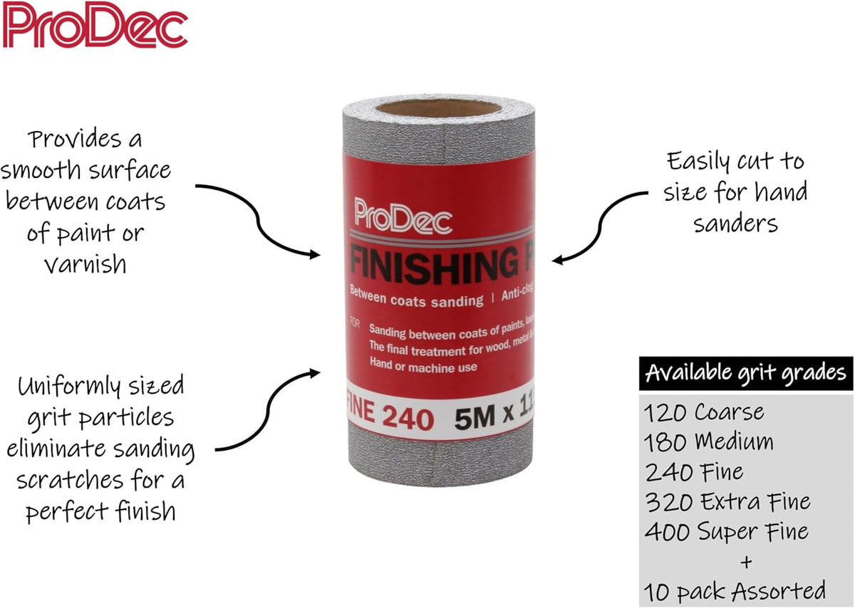 ProDec 5m Roll Finishing Paper for Sanding Between Coats of Paint or Varnish