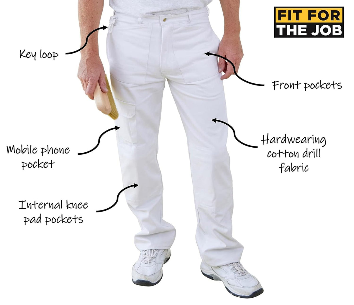 Fit For The Job 100% Cotton Drill Multi Pocket White Painter&#39;s Decorator&#39;s Trousers Cargo Pants with Knee Pad Pockets