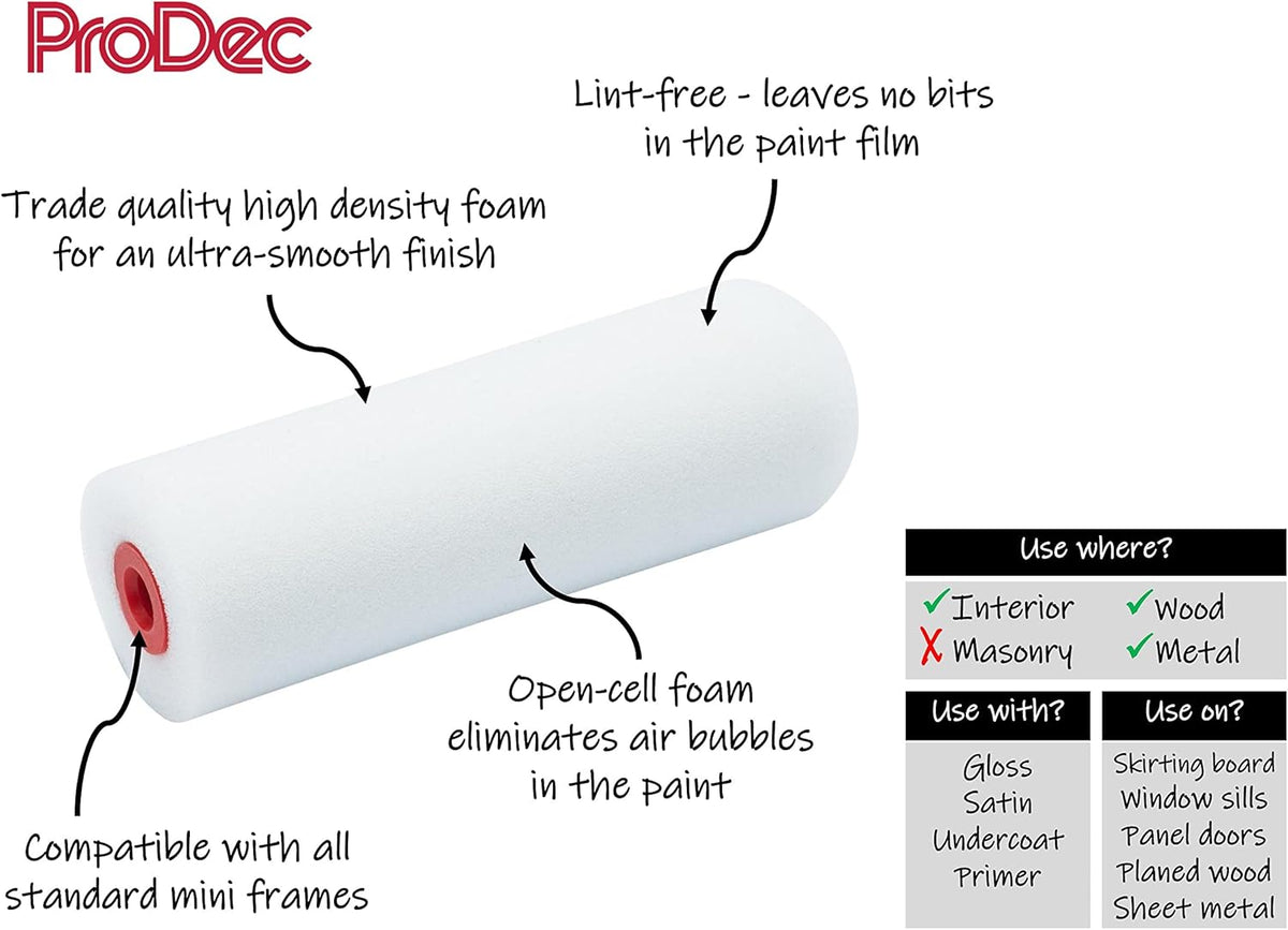 ProDec 10 Pack 4" High Density Foam Mini Paint Rollers for Gloss and Satin Paints
