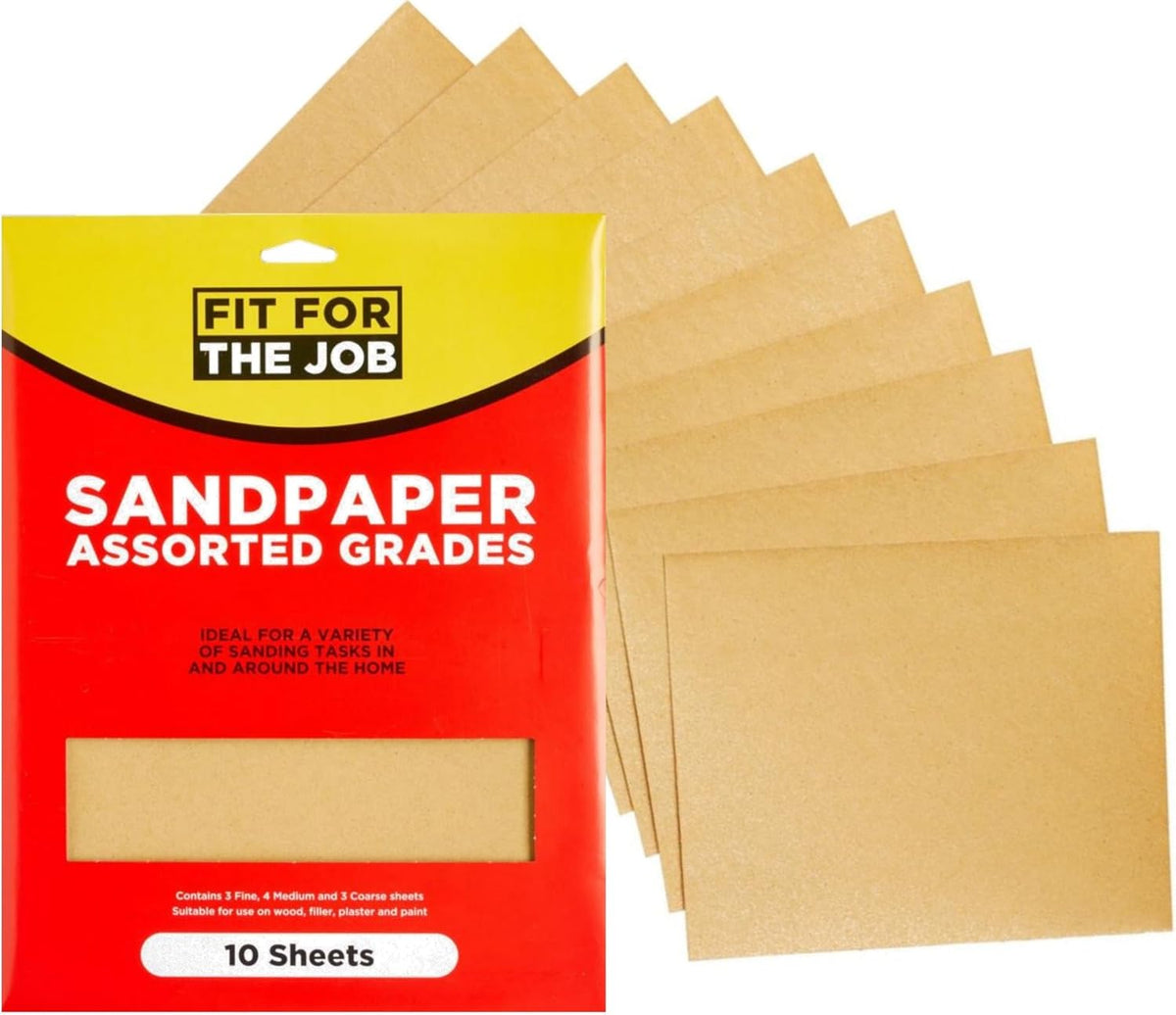 Fit For The Job 10 Large A4 Size Sheets Sandpaper Assorted Grades for Sanding Wood