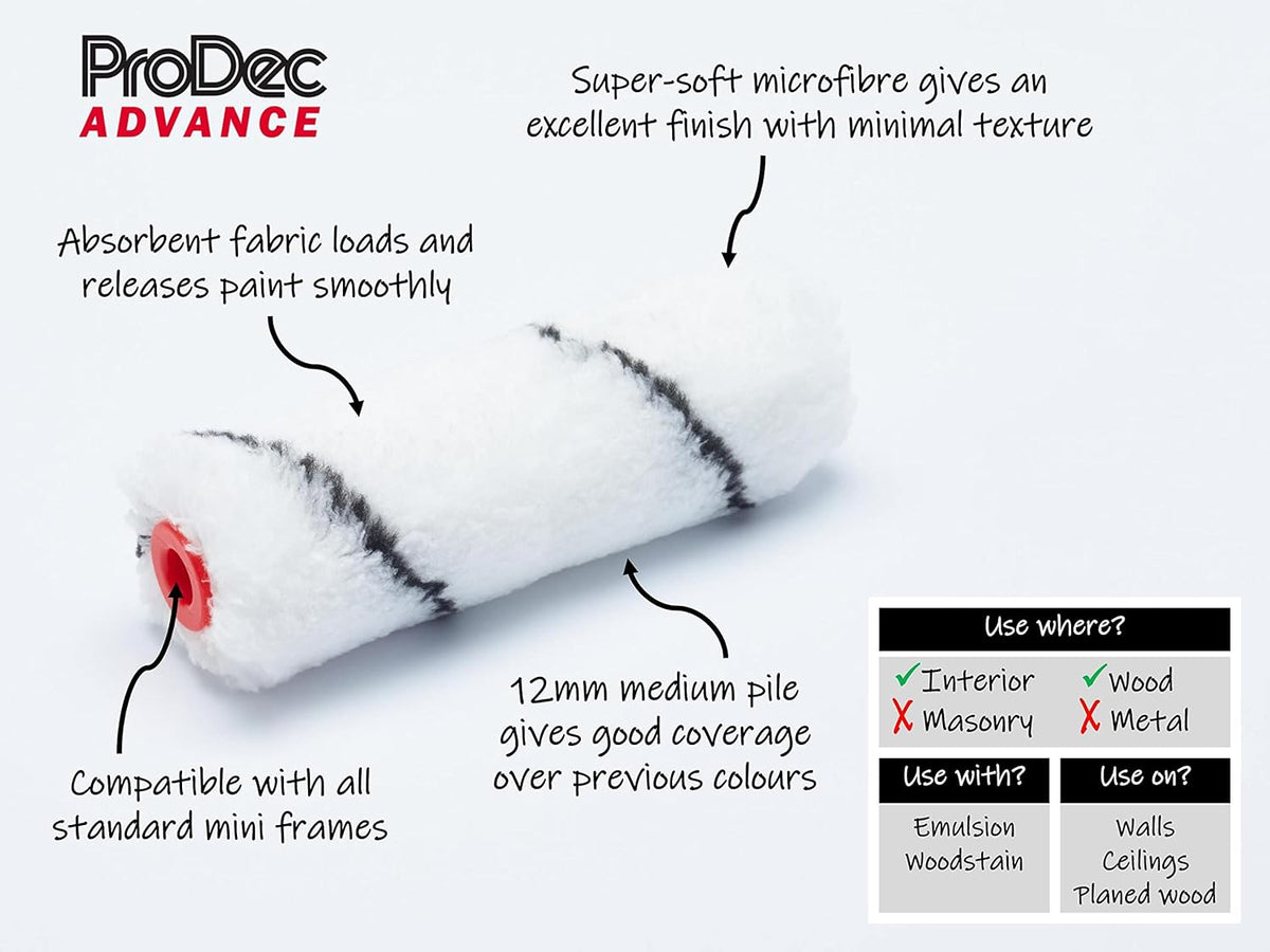 ProDec Advance 11 Piece 4 inch Medium Pile Microfibre Mini Paint Rollers with Frame for a Smooth Finish