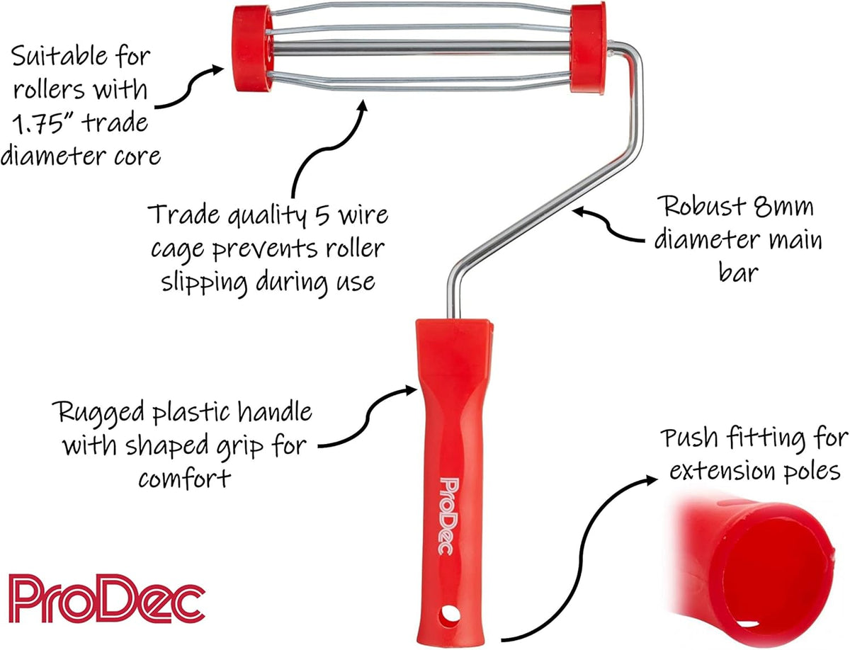 ProDec 7 inch x 1.75" Plastic Handle Trade Professional Paint Roller Frame with Anti-Slip 5 Wire Cage and Push Fit