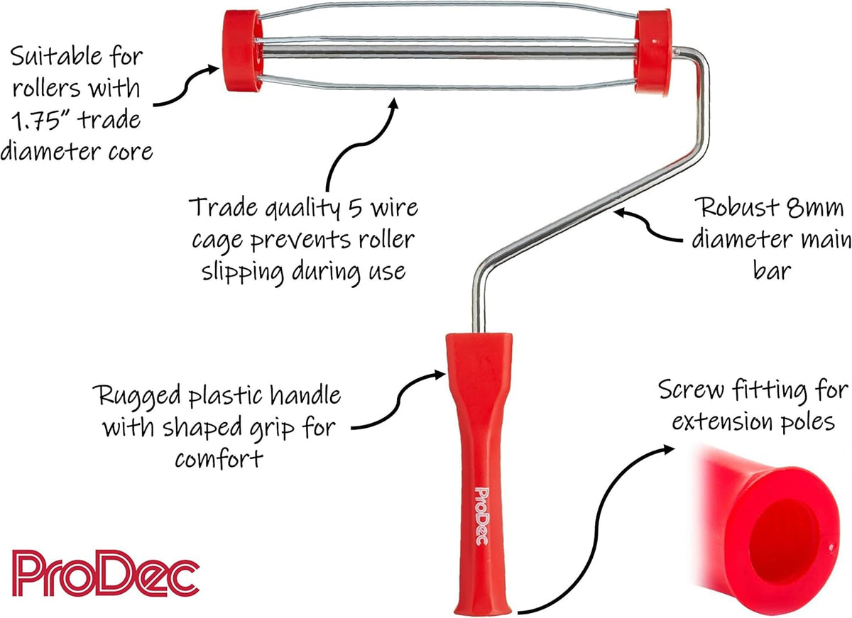 ProDec 9 inch x 1.75" Plastic Handle Trade Professional Paint Roller Frame with Anti-Slip 5 Wire Cage and Screw Fit
