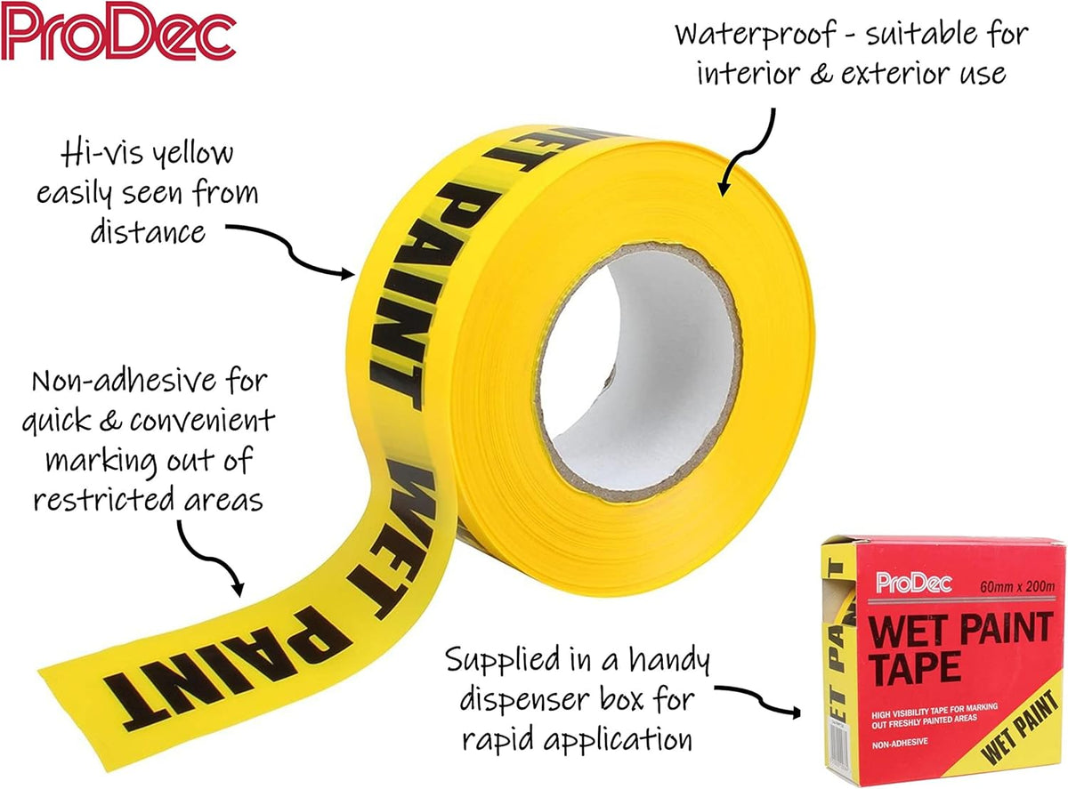ProDec 60mm x 200m (2.5" x 650 ft) Wet Paint Warning Barrier Tape, Non-Adhesive Yellow and Black Tape