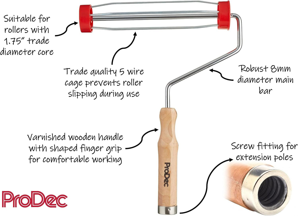 ProDec 9 inch x 1.75" Wooden Handle Trade Professional Paint Roller Frame with Anti-Slip 5 Wire Cage and Screw Fit