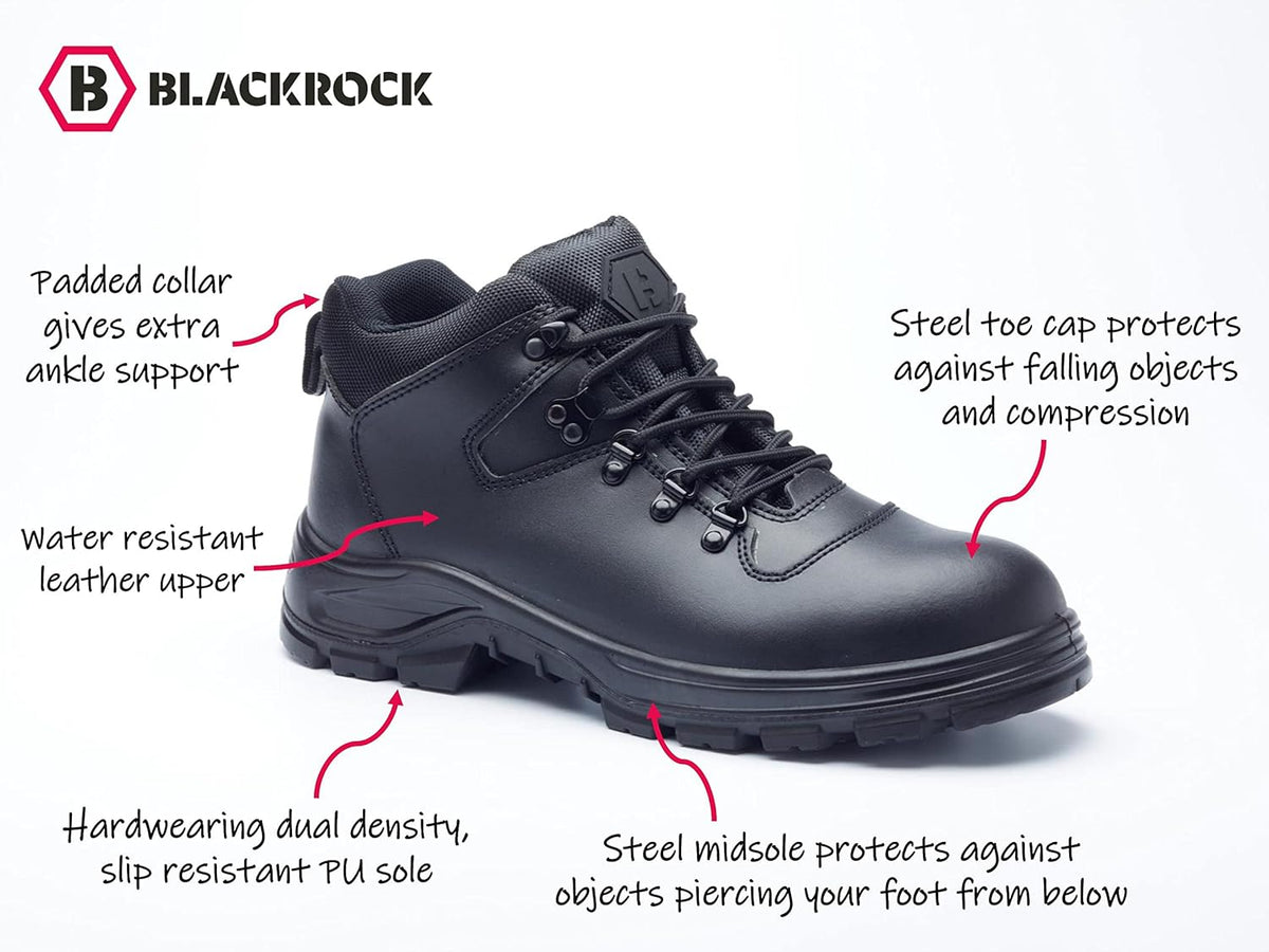 Blackrock Oakland S3 Water Resistant Safety Boots with Anti Static Protection, Black Leather Safety Hiker with Steel Toe Cap