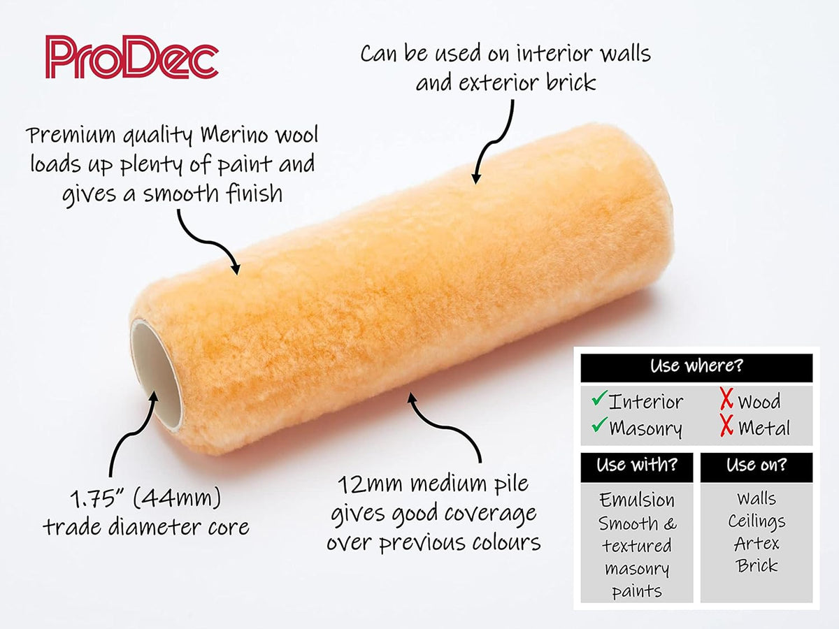 ProDec 9 inch x 1.75" Medium Pile Sheepskin Paint Roller, Premium Quality Merino Wool