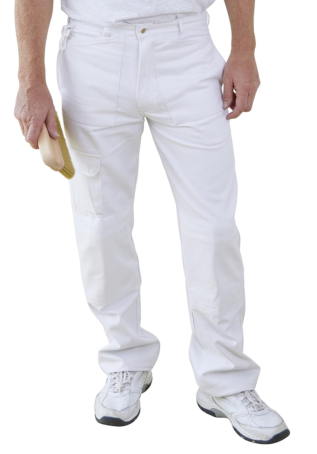 Fit For The Job 100% Cotton Drill Multi Pocket White Painter&#39;s Decorator&#39;s Trousers Cargo Pants with Knee Pad Pockets