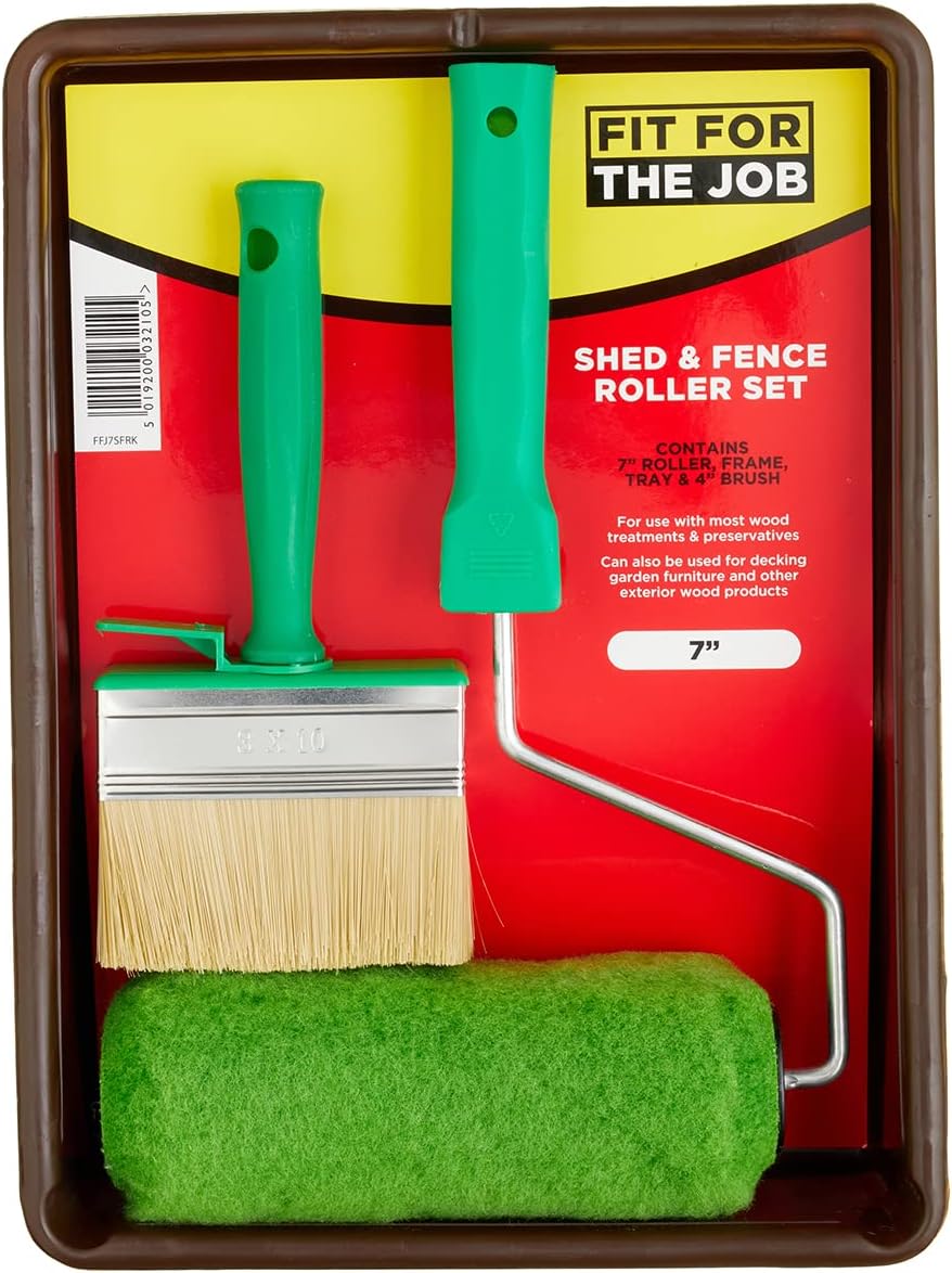Fit For The Job 4 piece 7&quot; Shed &amp; Fence Roller Set &amp; 4&quot; Block Brush for DIY Painting of Woodstains on Exterior Woodwork