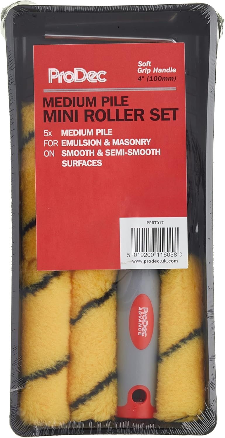 ProDec 7 Piece Woven 4 inch Mini Paint Rollers, Soft Grip Frame and Tray Set