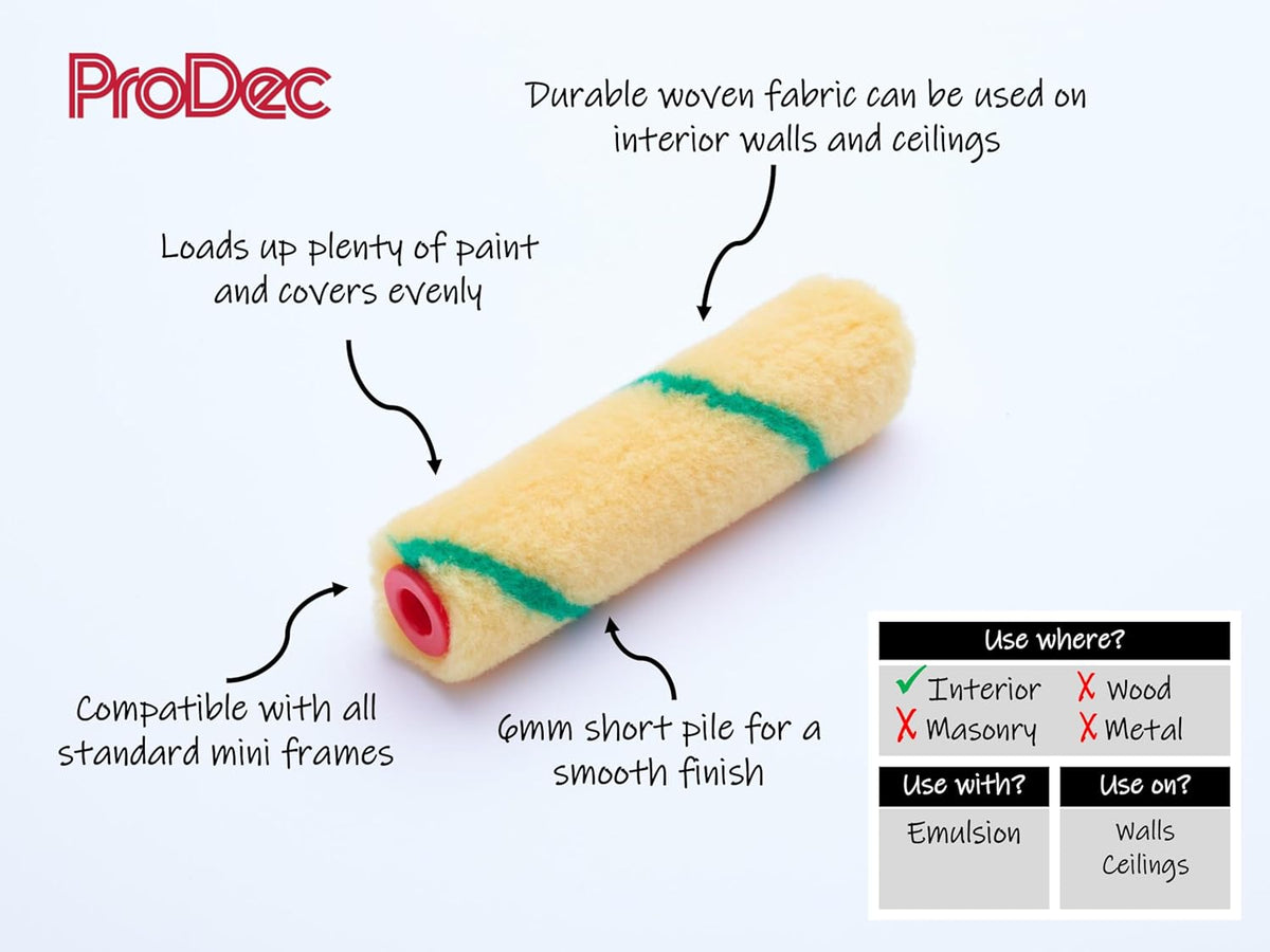 ProDec 10 Pack 4 inch Short Pile Mini Rollers for a Smooth Finish Painting with Trade & DIY Emulsion Paints