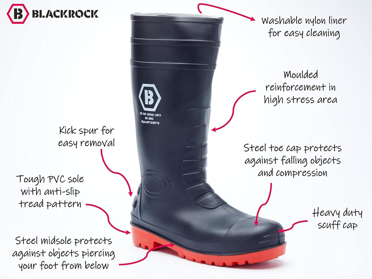 Blackrock Black/Red Safety Wellington with Steel Toe Cap and Midsole for Men with Protective Steel Midsole