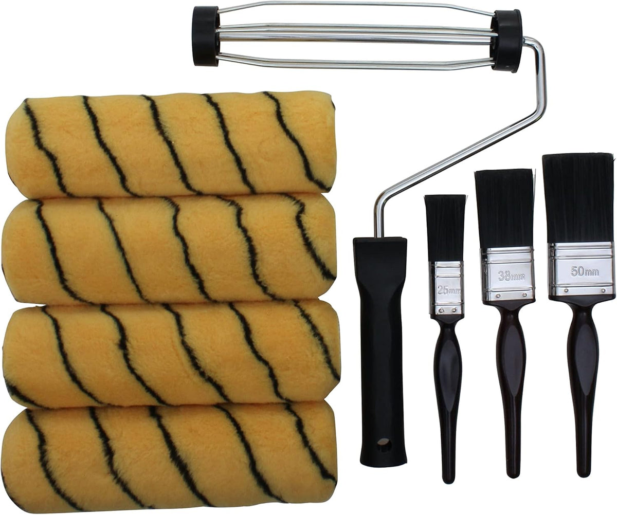 ProDec 9 inch x 1.75" 8 Piece Woven Paint Roller, Frame and Brush Set