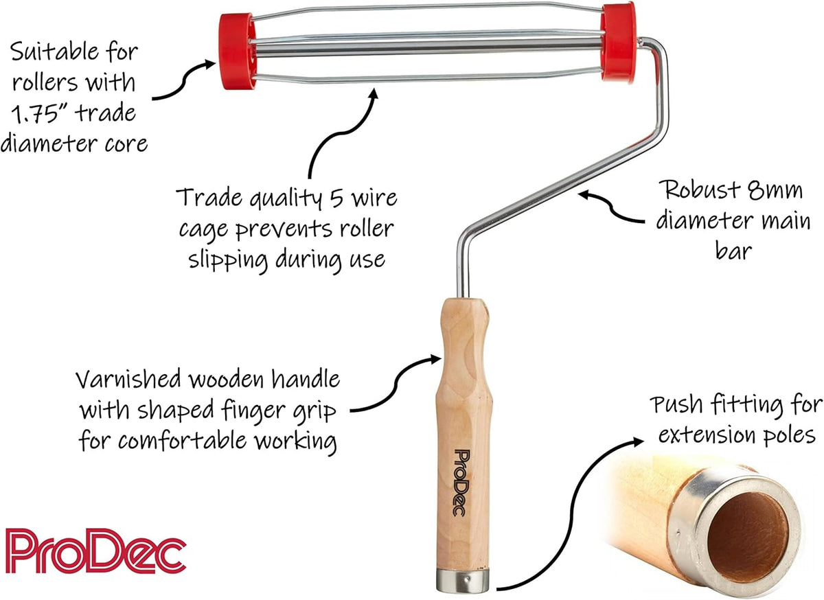 ProDec 9 inch x 1.75" Wooden Handle Trade Professional Paint Roller Frame with Anti-Slip 5 wire Cage and Push Fit