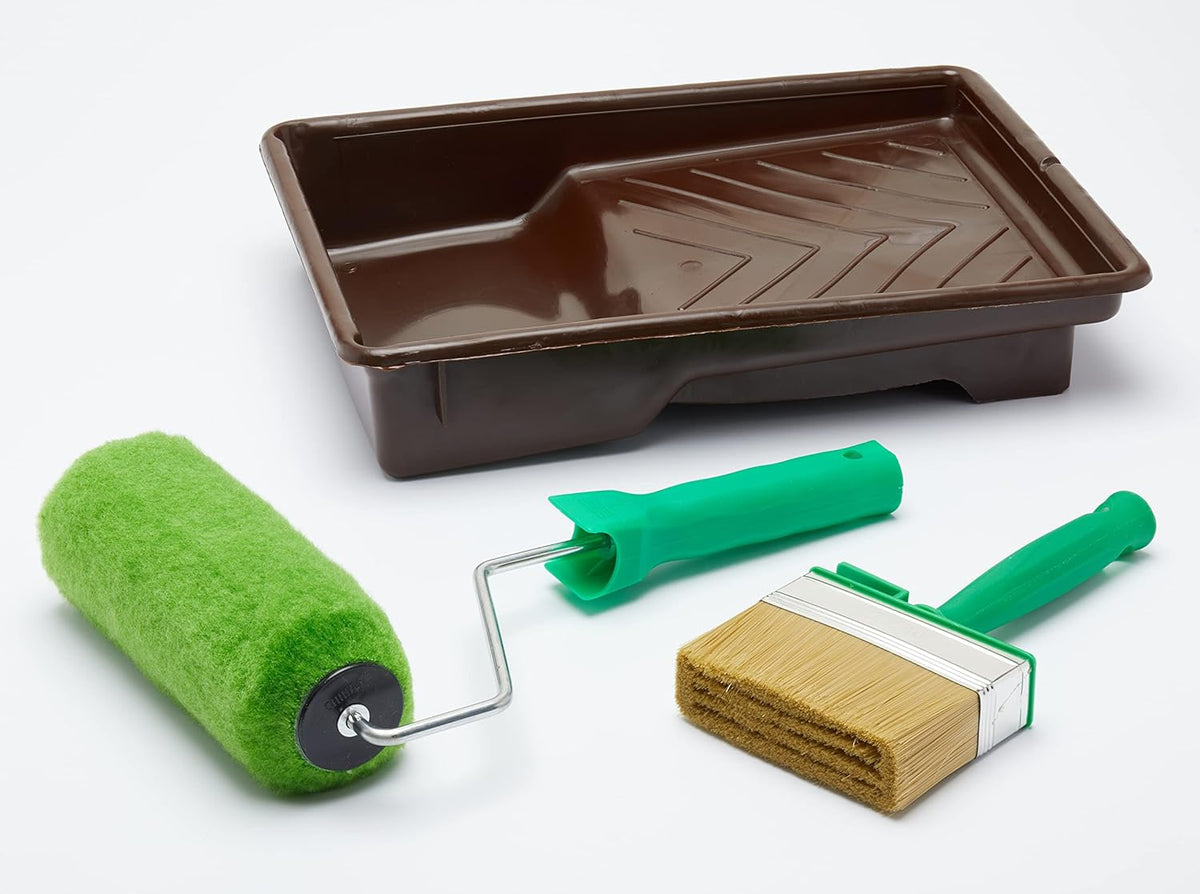 Fit For The Job 4 piece 7&quot; Shed &amp; Fence Roller Set &amp; 4&quot; Block Brush for DIY Painting of Woodstains on Exterior Woodwork