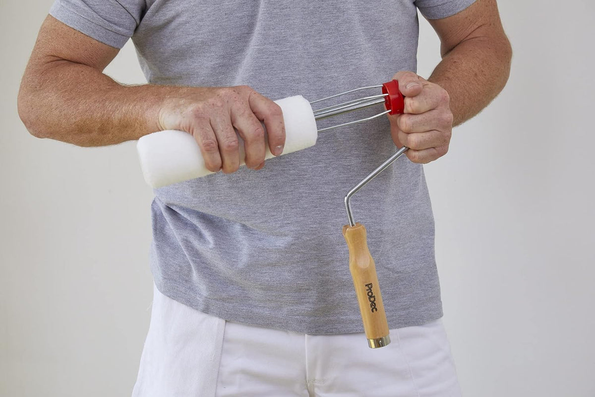 ProDec 9 inch x 1.75" Wooden Handle Trade Professional Paint Roller Frame with Anti-Slip 5 wire Cage and Push Fit