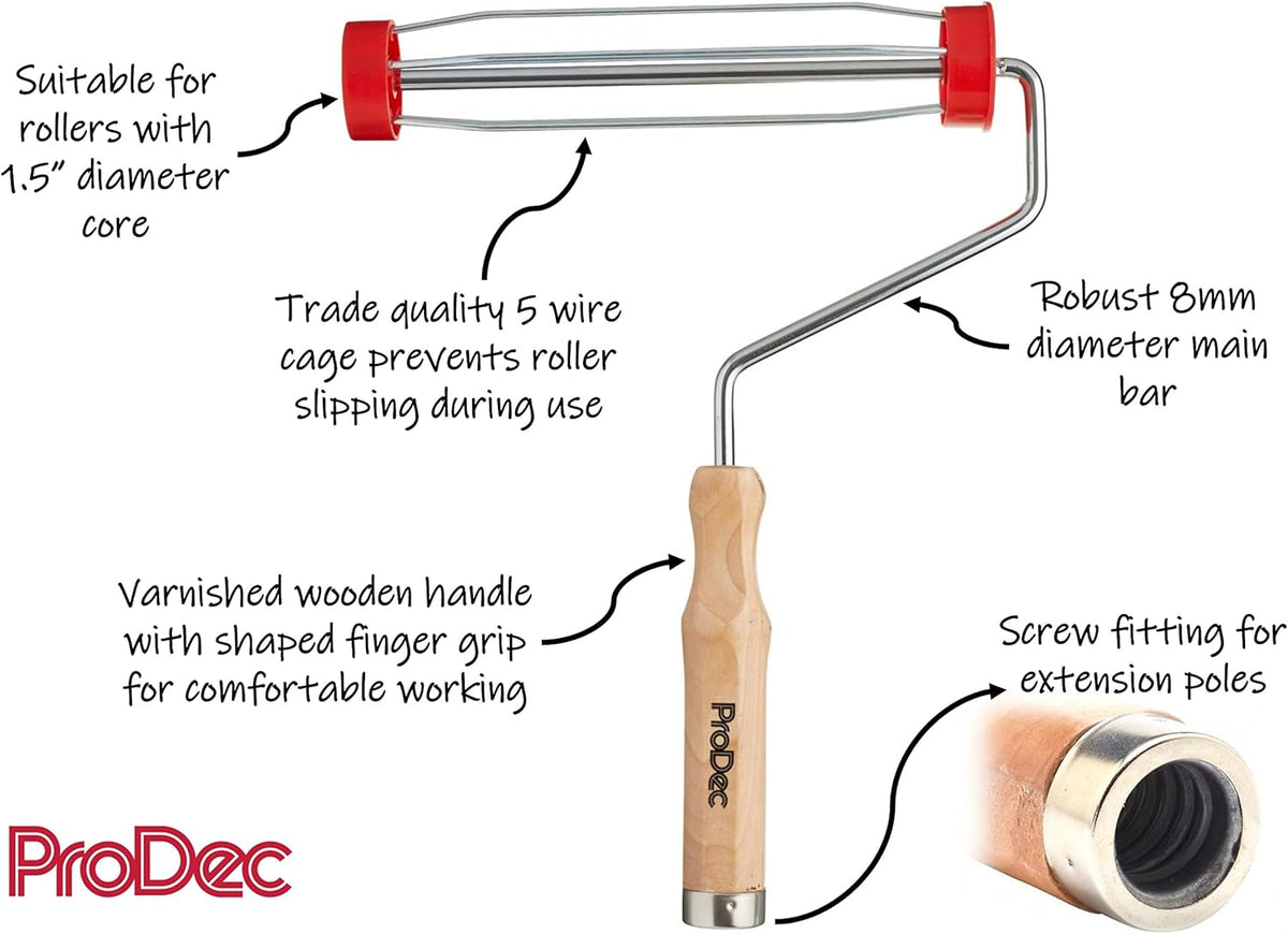 ProDec 9 inch x 1.5" Wooden Handle Trade Professional Paint Roller Frame with Anti-Slip 5 Wire Cage and Screw Fit