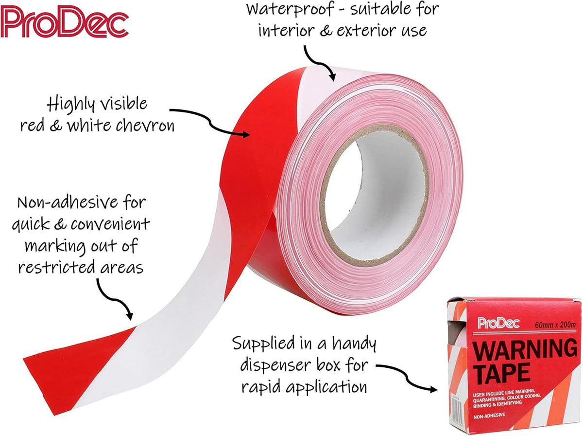 ProDec 60mm x 200m (2.5" x 650 ft) Non-Adhesive Red and White Chevron Hazard Warning Barrier Tape