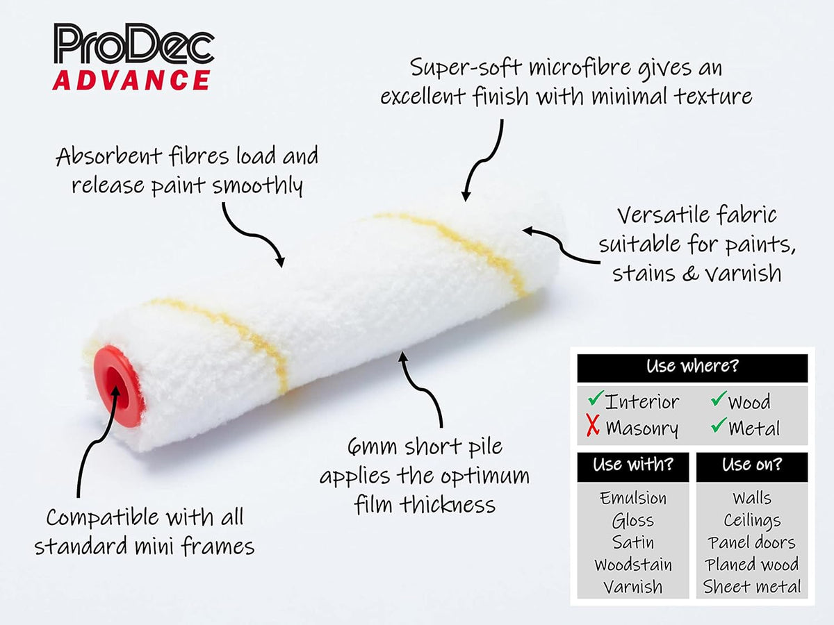 ProDec Advance 10 Pack 4 inch Short Pile Microfibre Mini Paint Rollers for a Smooth Finish