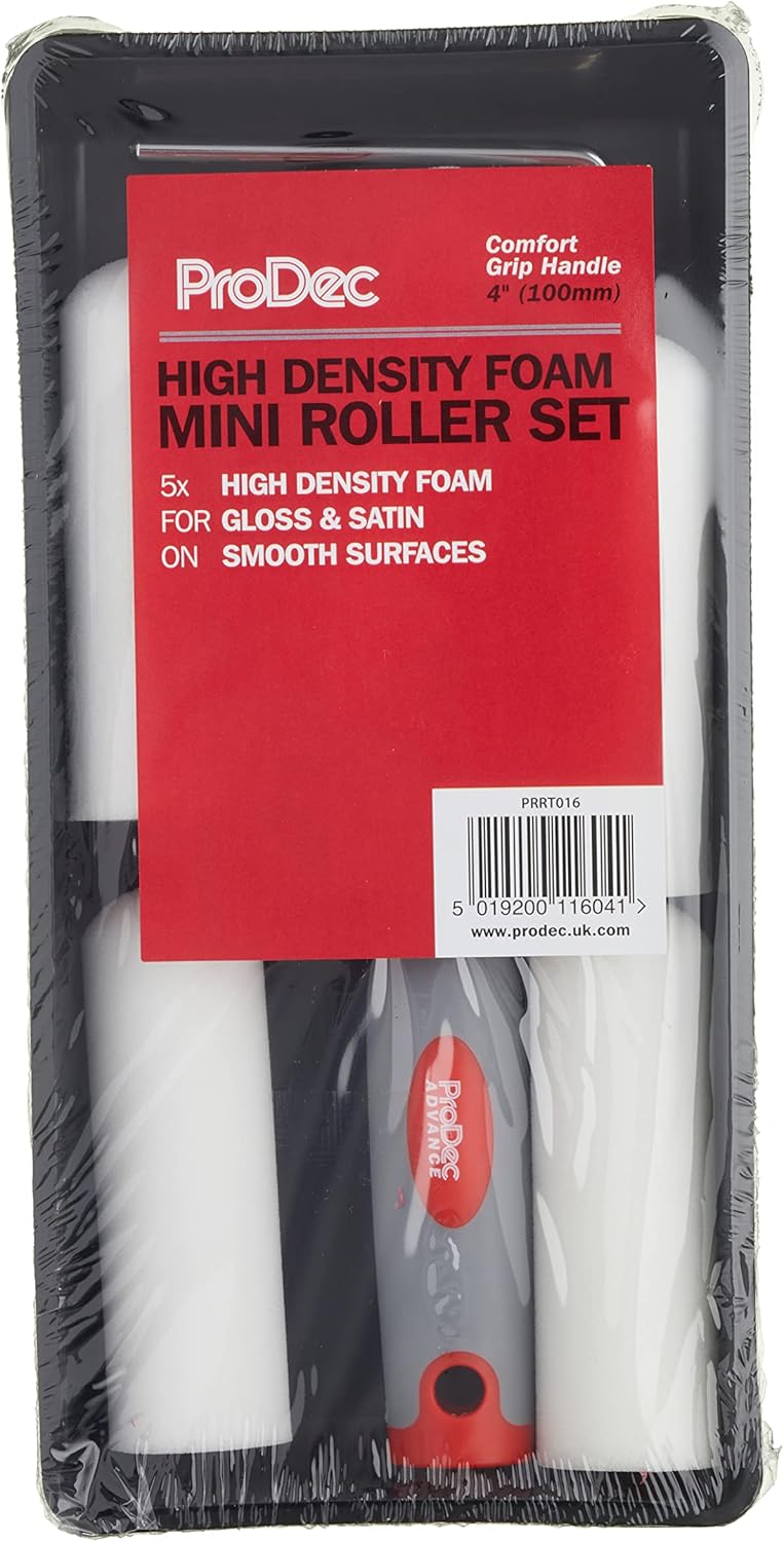 ProDec 7 Piece Foam 4 inch Mini Paint Rollers, Soft Grip Frame and Tray Set