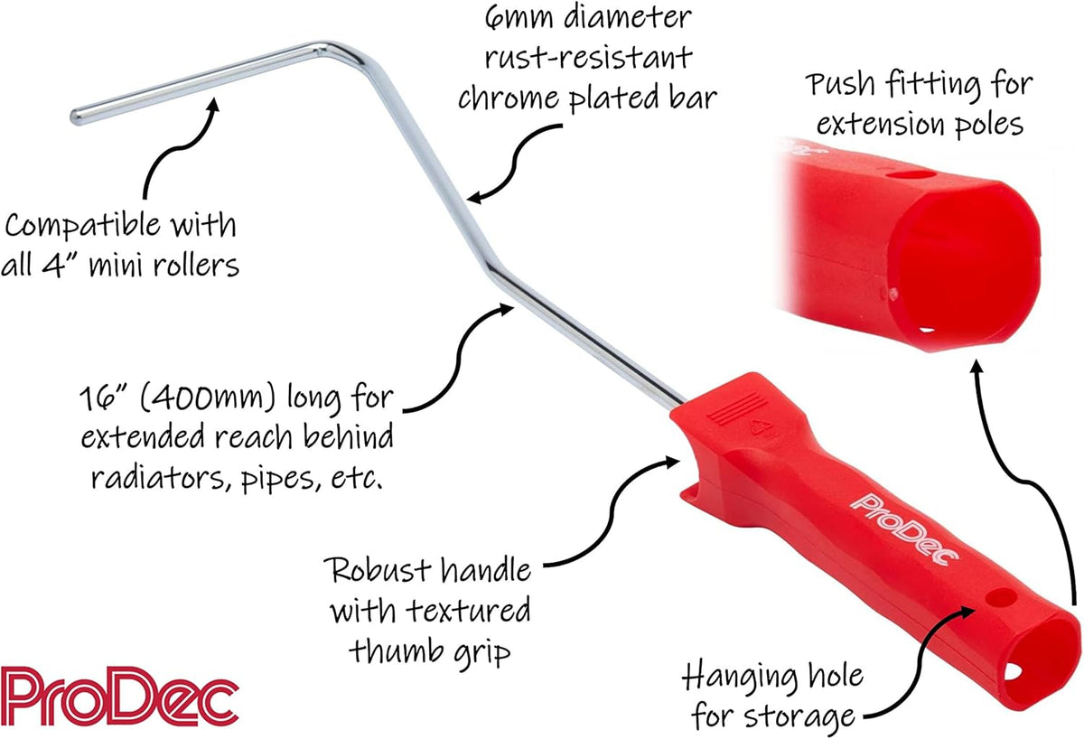 ProDec 4 inch Mini Paint Roller Frame Compatible with All Mini Paint Rollers - 16 inch long, Universal 6mm