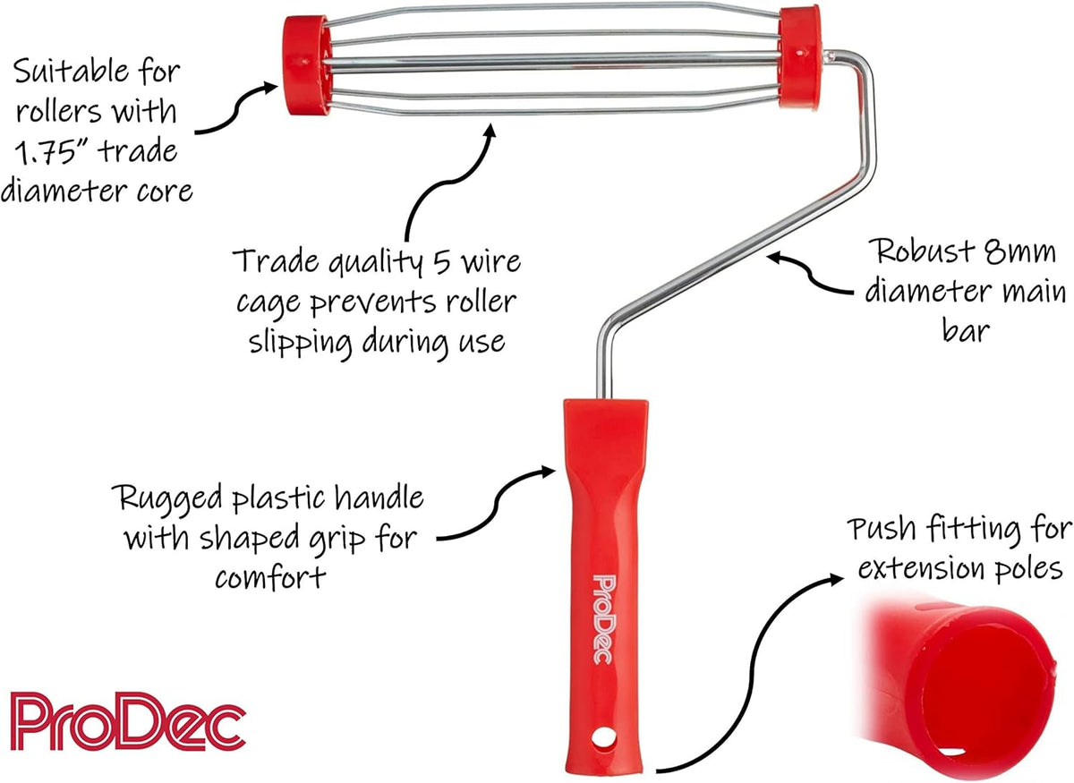 ProDec 9 inch x 1.75" Plastic Handle Trade Professional Paint Roller Frame with Anti-Slip 5 Wire Cage and Push Fit